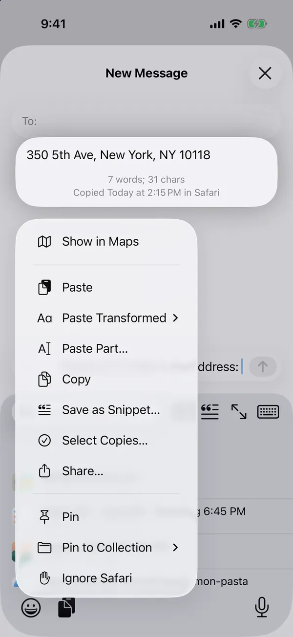 A copied address held: Show in Maps, Paste, Paste Transformed, Paste Part, Copy, Save as Snippet, Select Copies, Share, Pin