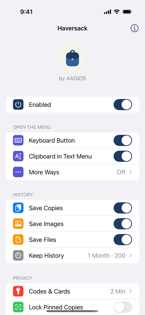Haversack's settings