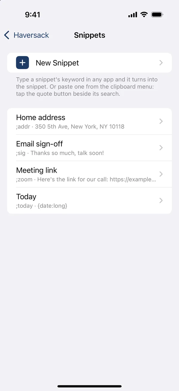Haversack's Snippets page: New Snippet and the four snippets