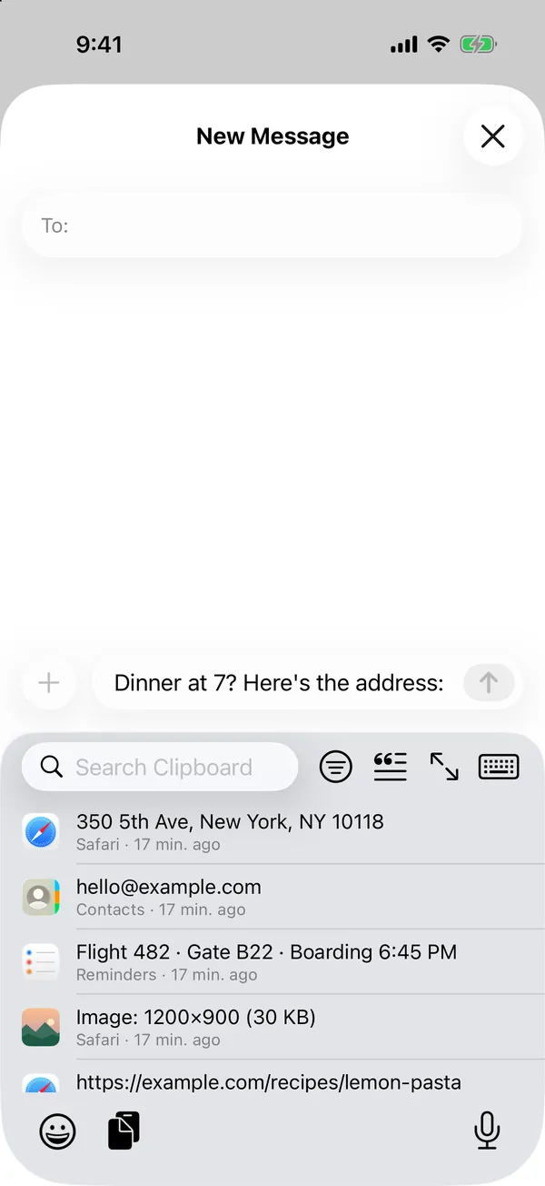 Haversack's menu over the keyboard in Messages: an address, an email, a flight, a photo and a link, each with the app it came from