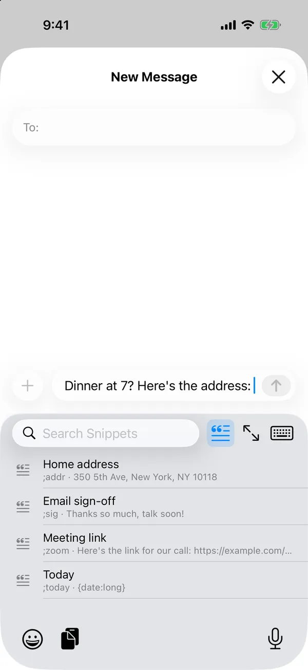 The menu's snippets: Home address, Email sign-off, Meeting link and Today, each with its keyword
